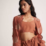 Rust Statement Wear 3 - Piece Set With Zari Path Embroidery - Western Era Embroidery for women