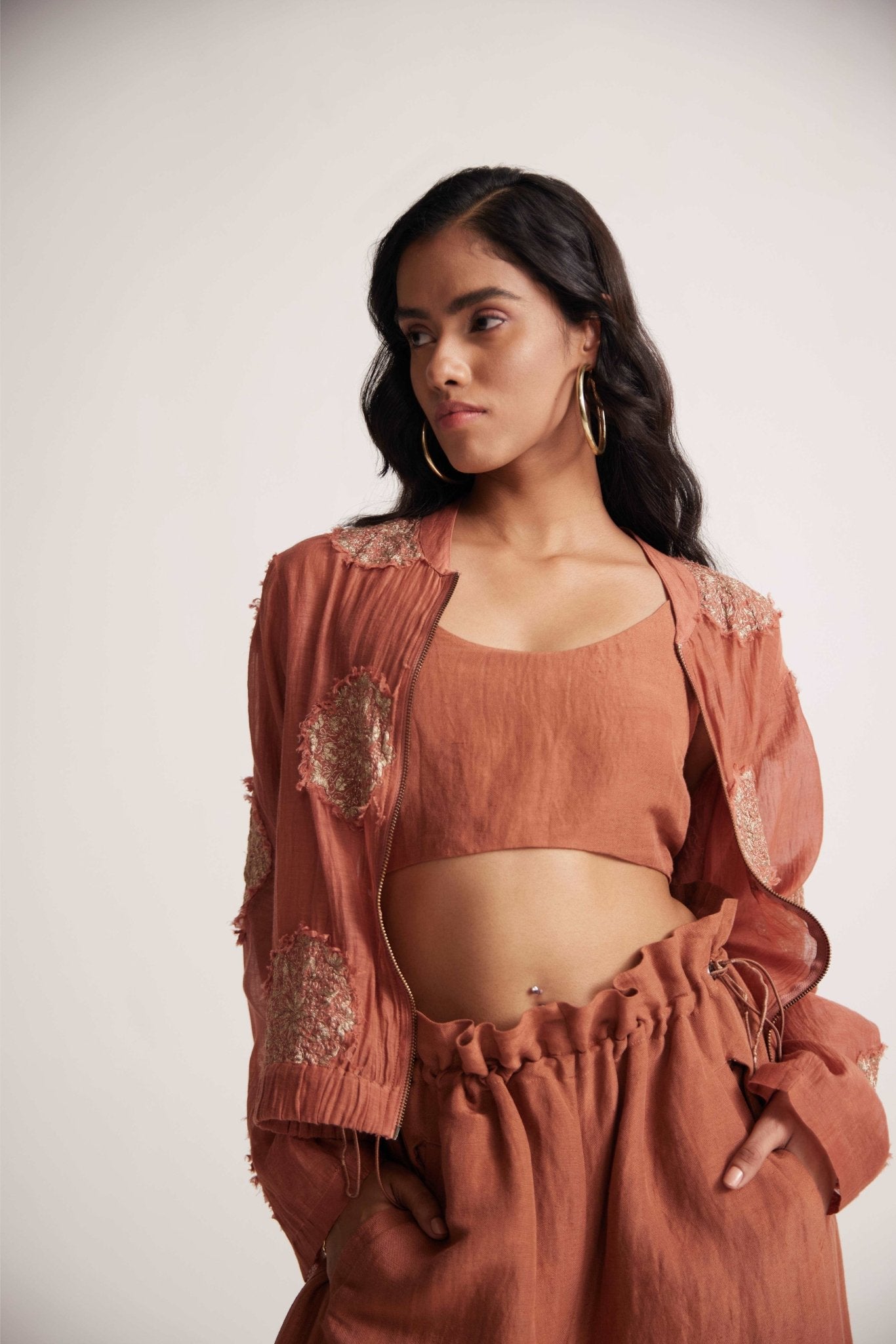 Rust Statement Wear 3 - Piece Set With Zari Path Embroidery - Western Era Embroidery for women
