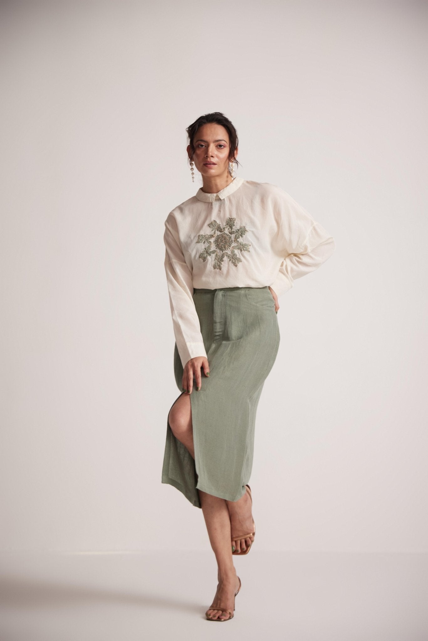 Sage Green Skirt With Front Slit and Side Pocket - Western Era Bottoms for women