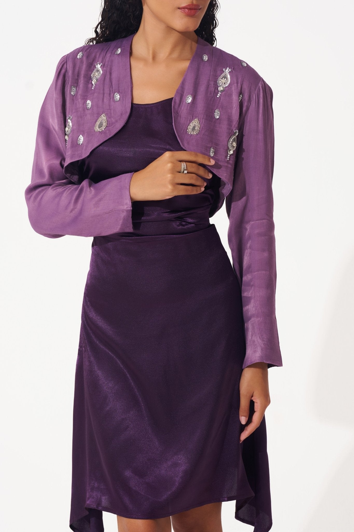 Satin Dress With Embellished Crop Jacket - Western Era Dresses for women