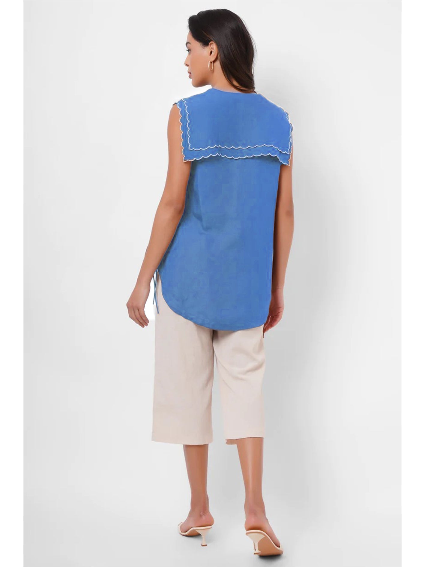 Scalloped Edge Collars Blue Linen Top with Drawstrings - Western Era Tops for women