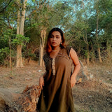 Scalloped Edge Collars Green Linen Dress with Drawstrings - Western Era Tops for women