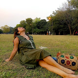 Scalloped Edge Collars Green Linen Dress with Drawstrings - Western Era Tops for women