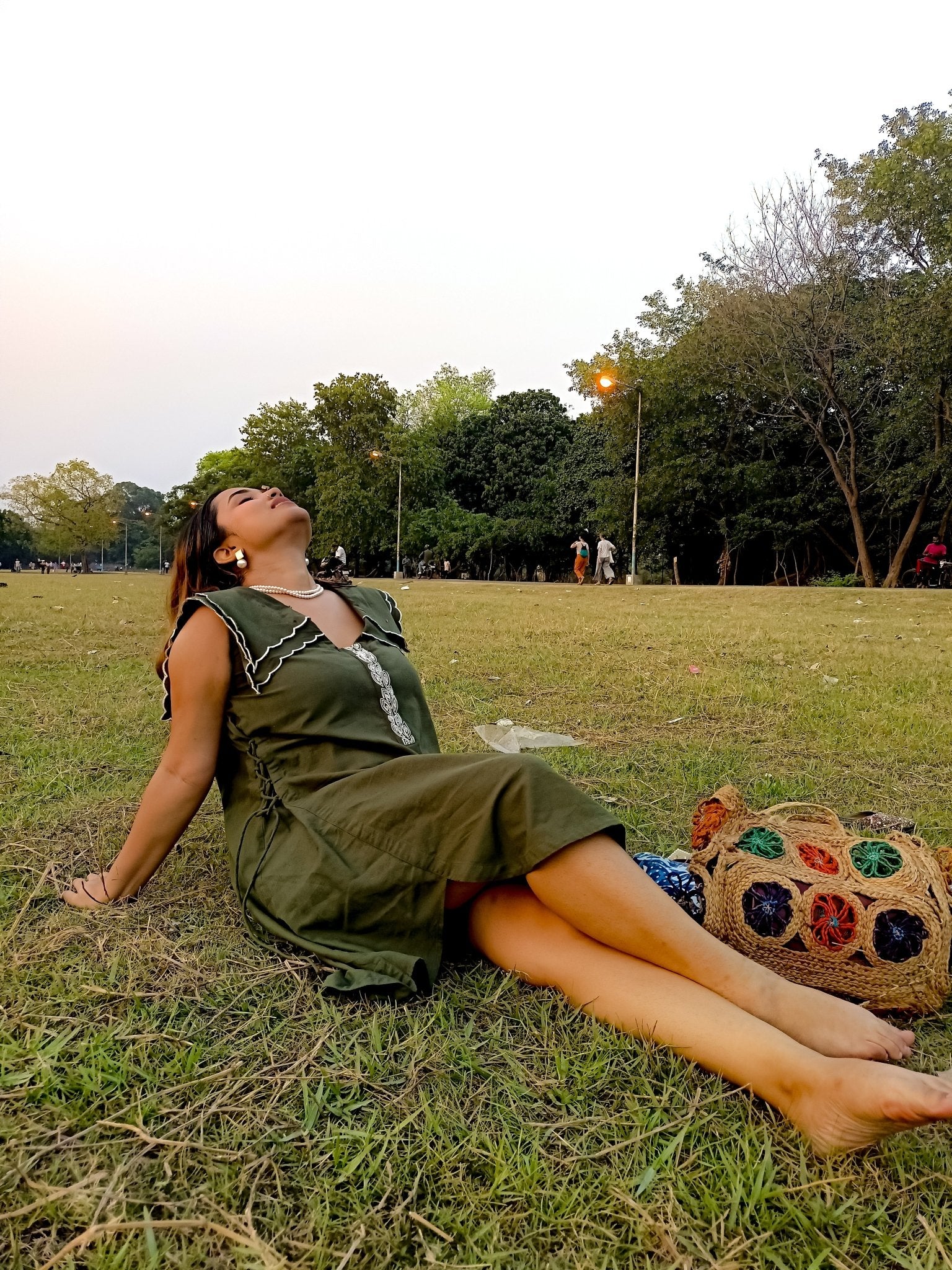 Scalloped Edge Collars Green Linen Dress with Drawstrings - Western Era Tops for women