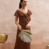 Scalloped Embroidery Brown Long Dress With Victorian Collar - Western Era Dresses for women