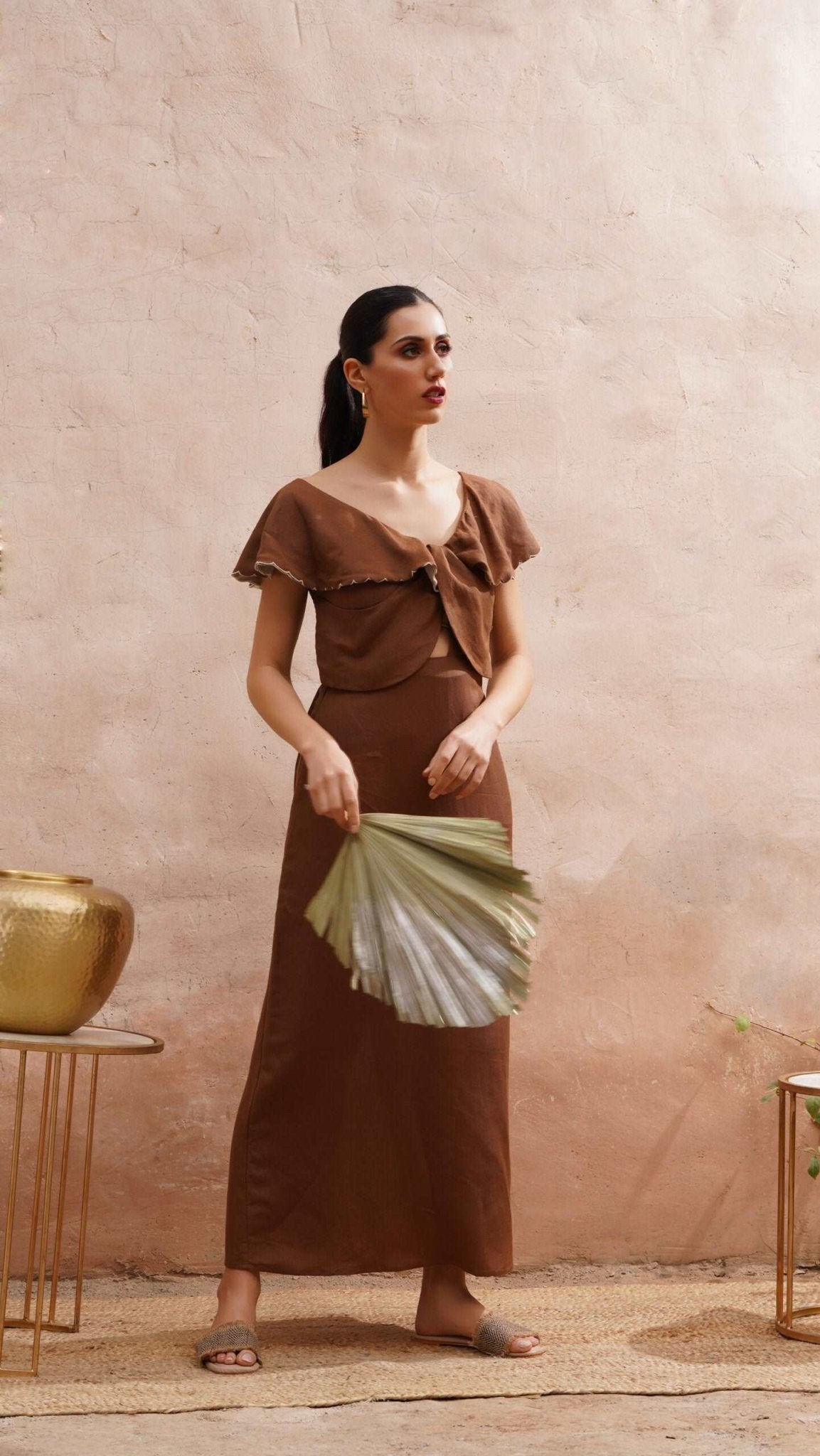 Scalloped Embroidery Brown Long Dress With Victorian Collar| Western Era Scalloped Embroidery Brown Long Dress With Victorian Collar| Western Era