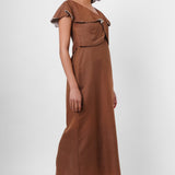 Scalloped Embroidery Brown Long Dress With Victorian Collar - Western Era Dresses for women