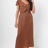 Scalloped Embroidery Brown Long Dress With Victorian Collar - Western Era Dresses for women