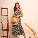 Sleeveless Teal Printed Linen Long Dress with Slit - Western Era Dresses for women