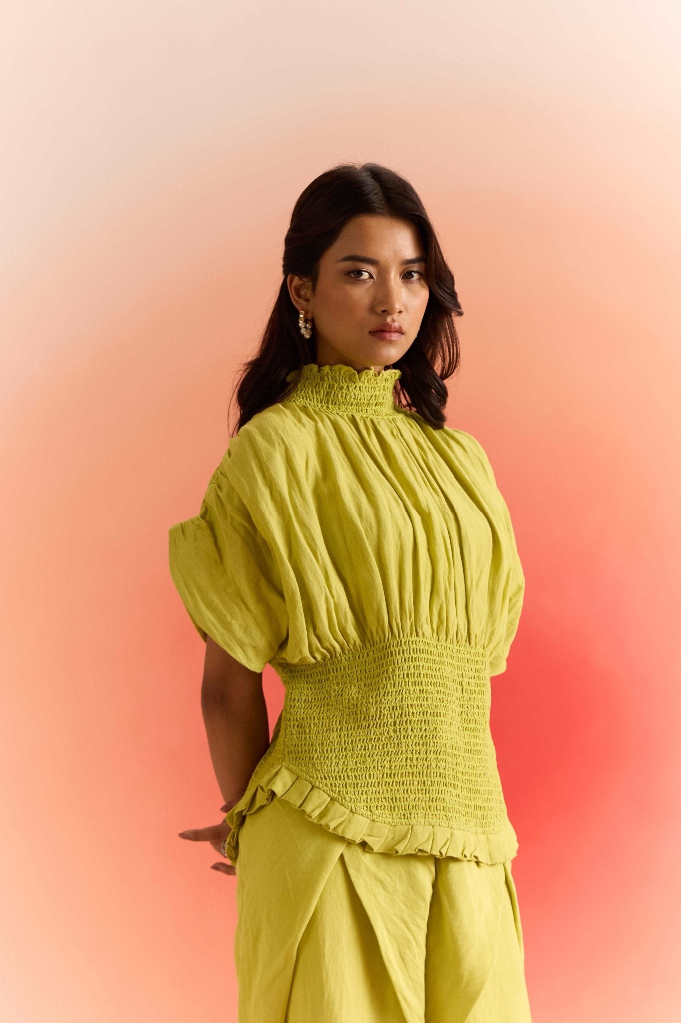 Smoked Top with Pleated Sleeves and Wrap Trouser Cordset - Western Era Cordset for women