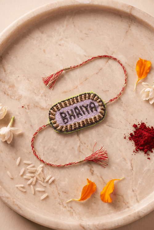 Soft Lavender Embroidered Rakhi with Gold and Pink Embroidered Rakhi