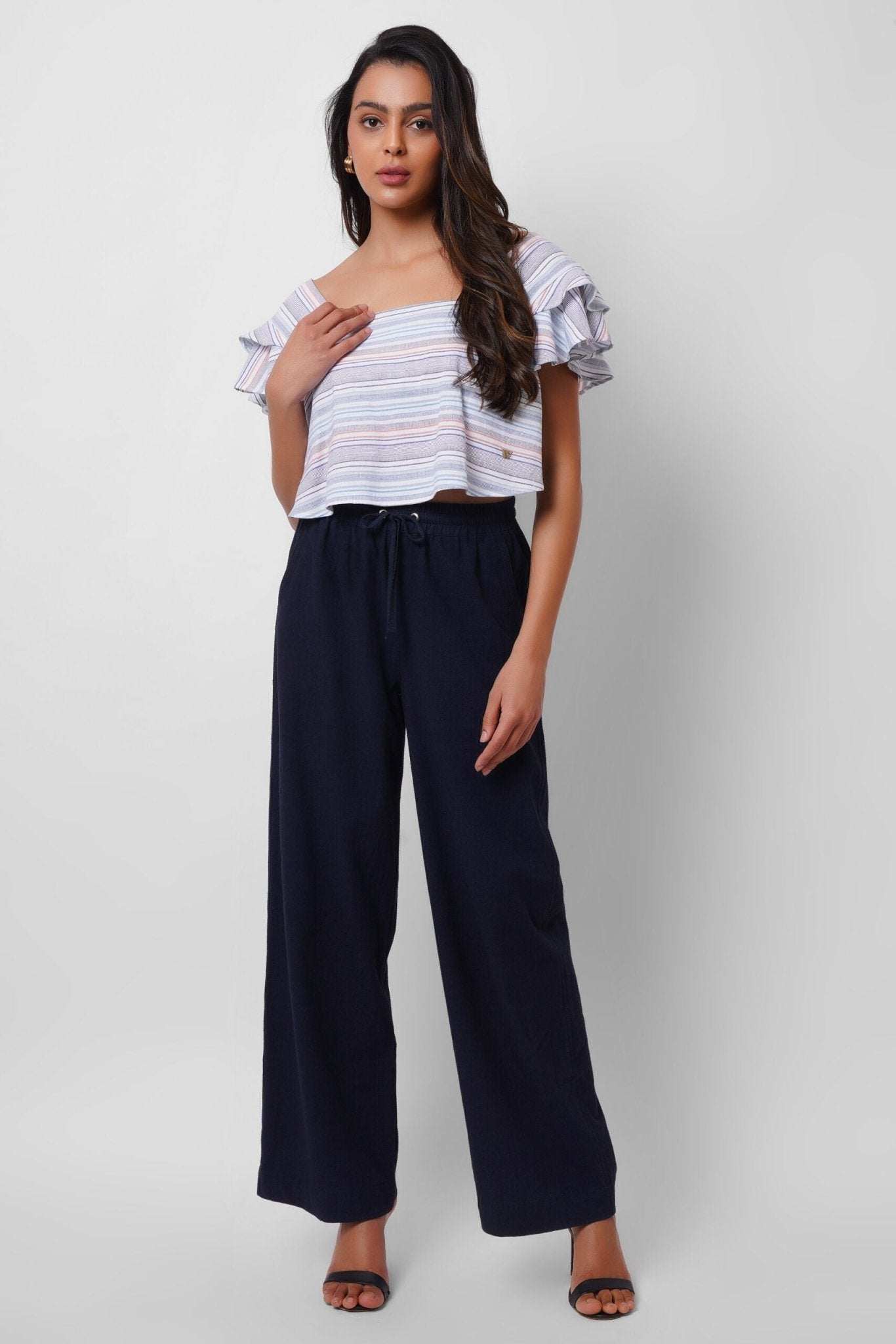 Square Neck Blue Yarn Dyed Crop Top - Western Era Tops for women
