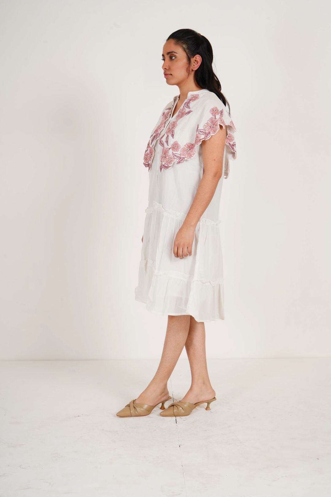 Statement Party Wear Off White Embroidered Collar Dress With Spaghetti - Western Era Dresses for women