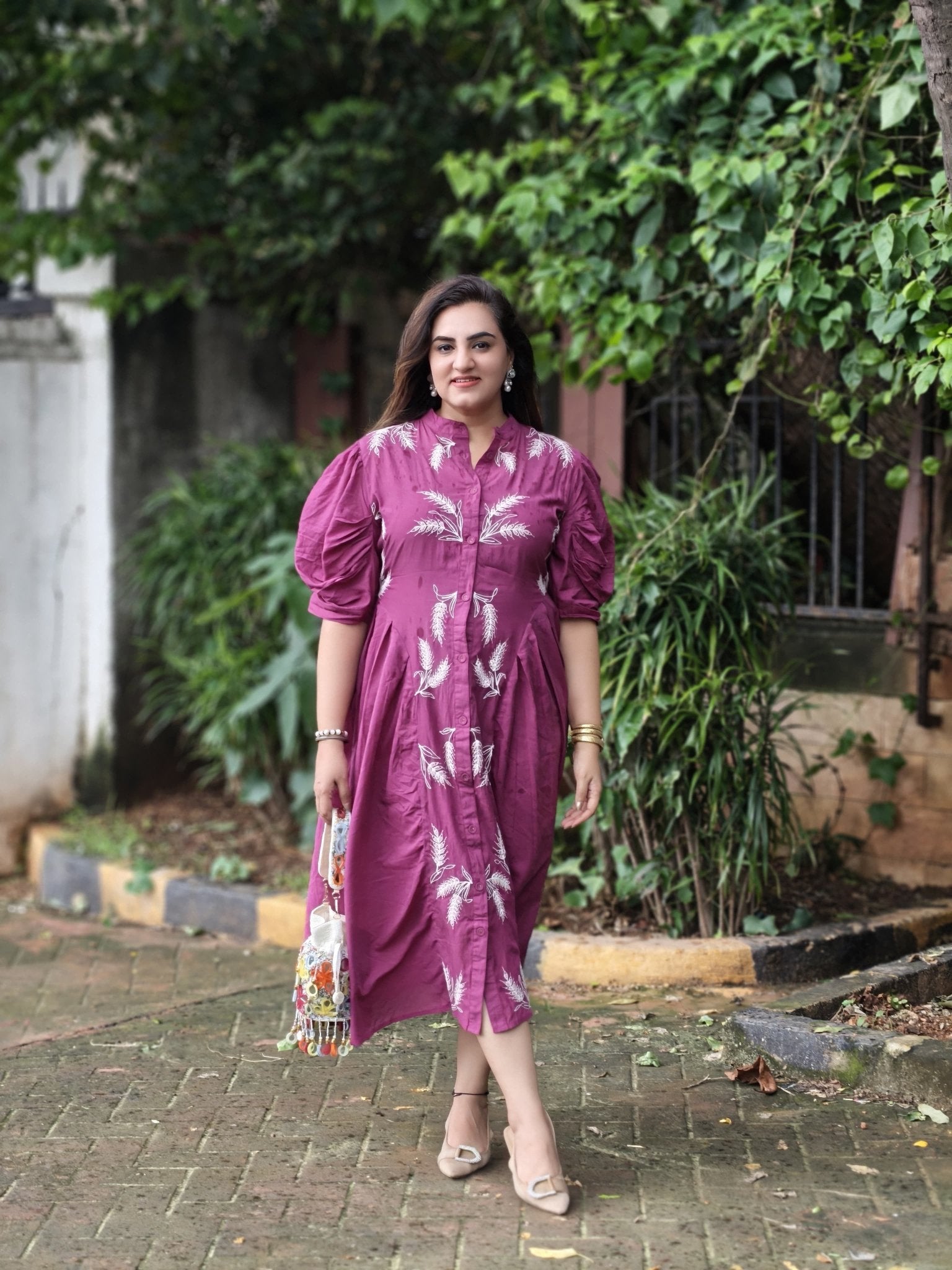 Statement Wear Pleated sleeves Dori Embroidered Dress With Spaghetti - Western Era Dresses for women