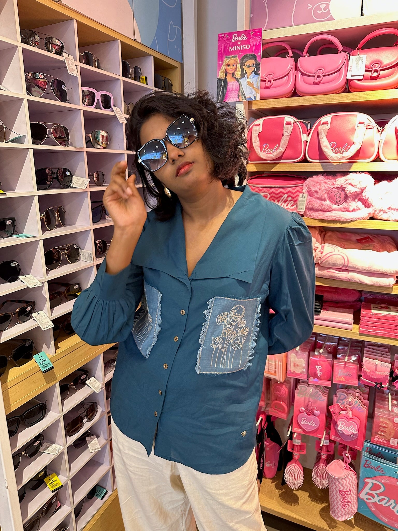 Teal Cotton Shirt with Pleated Cuff and Zari Embroidered patch on Front and Back - Western Era Embroidery for women