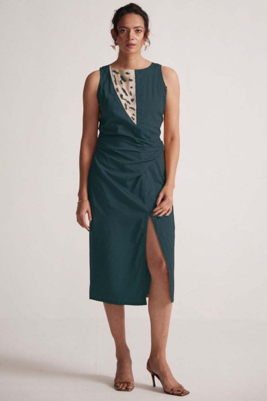 Teal Mid Dress with Side Drape and Mother Pearls Embellished on The Front Yoke - Western Era Dresses for women