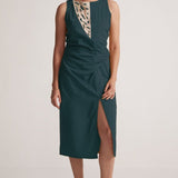 Teal Mid Dress with Side Drape and Mother Pearls Embellished on The Front Yoke - Western Era Dresses for women