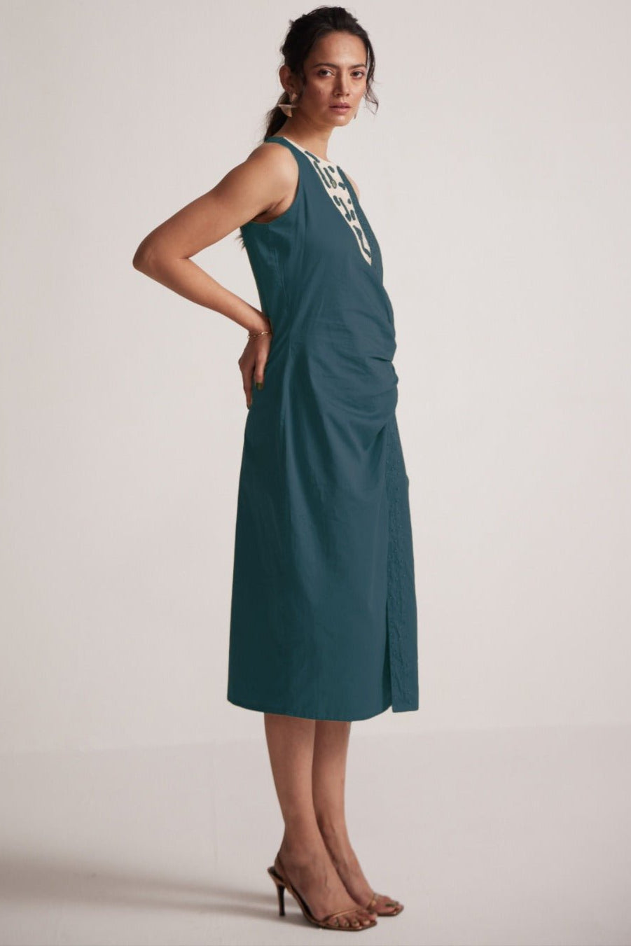 Teal Mid Dress with Side Drape and Mother Pearls Embellished on The Front Yoke - Western Era Dresses for women