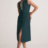 Teal Mid Dress with Side Drape and Mother Pearls Embellished on The Front Yoke - Western Era Dresses for women