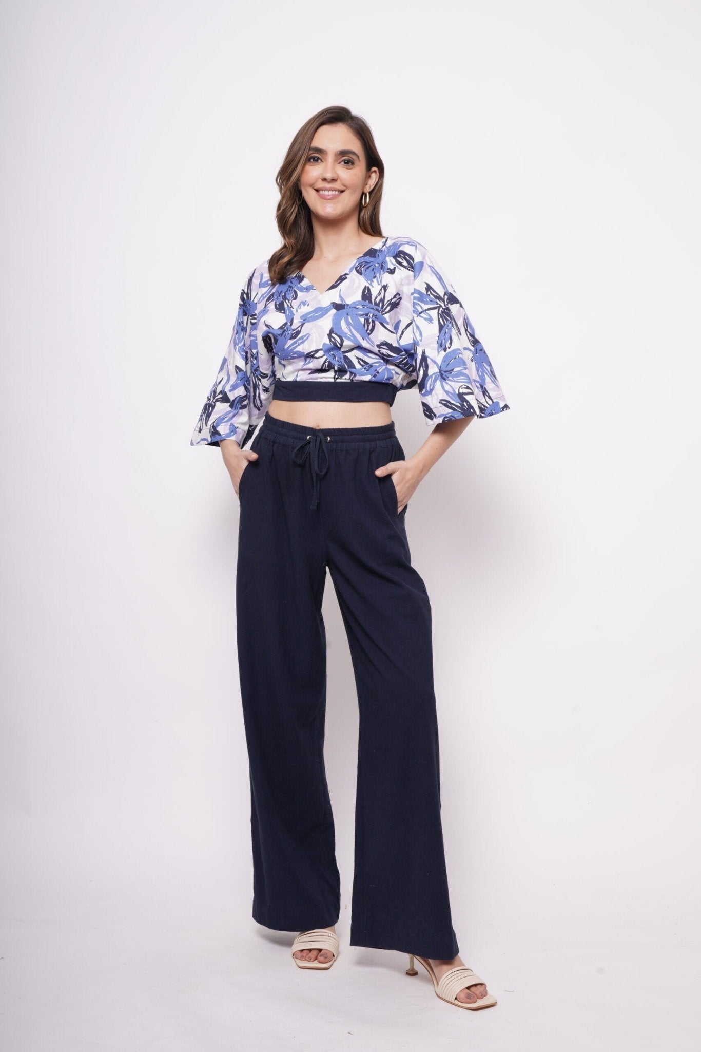V Neck Blue Printed Linen Top - Western Era Tops for women