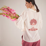 White Balloon Sleeves Face Embroidery Shirt With Rose Stich Button - Western Era Tops for women