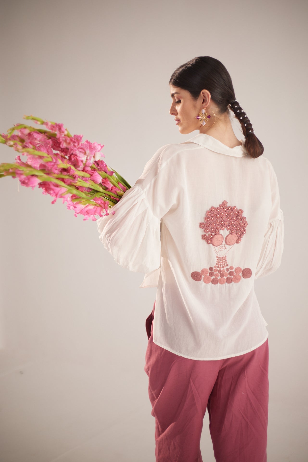 White Balloon Sleeves Face Embroidery Shirt With Rose Stich Button - Western Era Tops for women