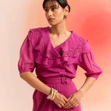 Wine Double Layered Embroidered Top with Draped Skirt Set - Western Era Cordset for women