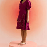 Wine Dress with Puff Mesh Embroidered Sleeves and Dori Embroidery on Front - Western Era Dresses for women