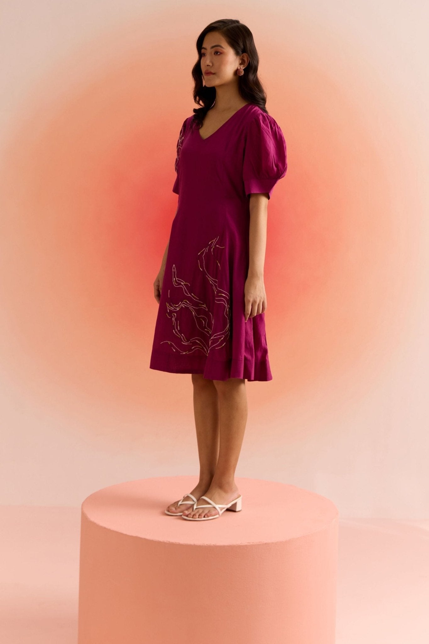 Wine Dress with Puff Mesh Embroidered Sleeves and Dori Embroidery on Front - Western Era Dresses for women