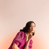 Wine Dress with Puff Mesh Embroidered Sleeves and Dori Embroidery on Front - Western Era Dresses for women