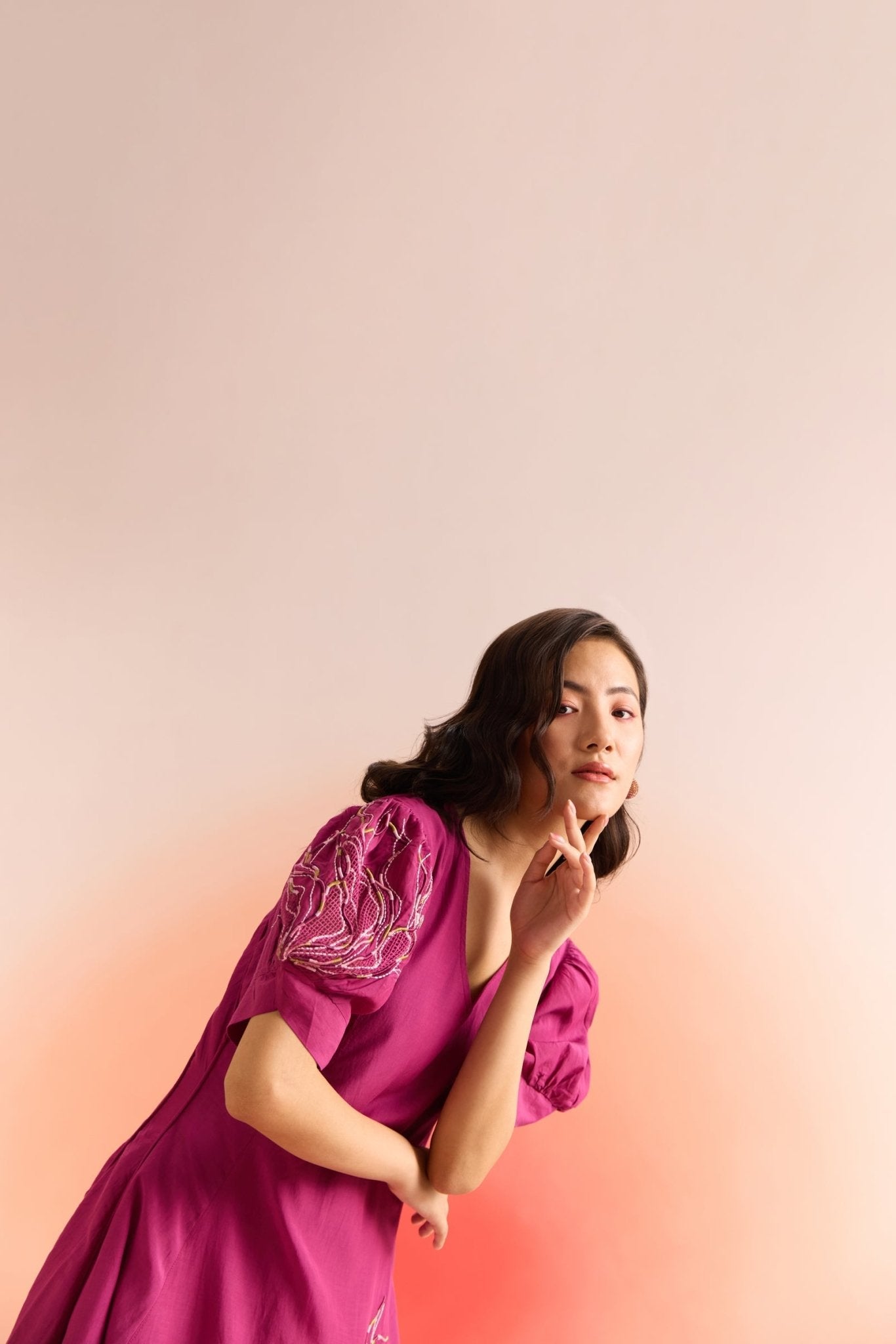 Wine Dress with Puff Mesh Embroidered Sleeves and Dori Embroidery on Front - Western Era Dresses for women