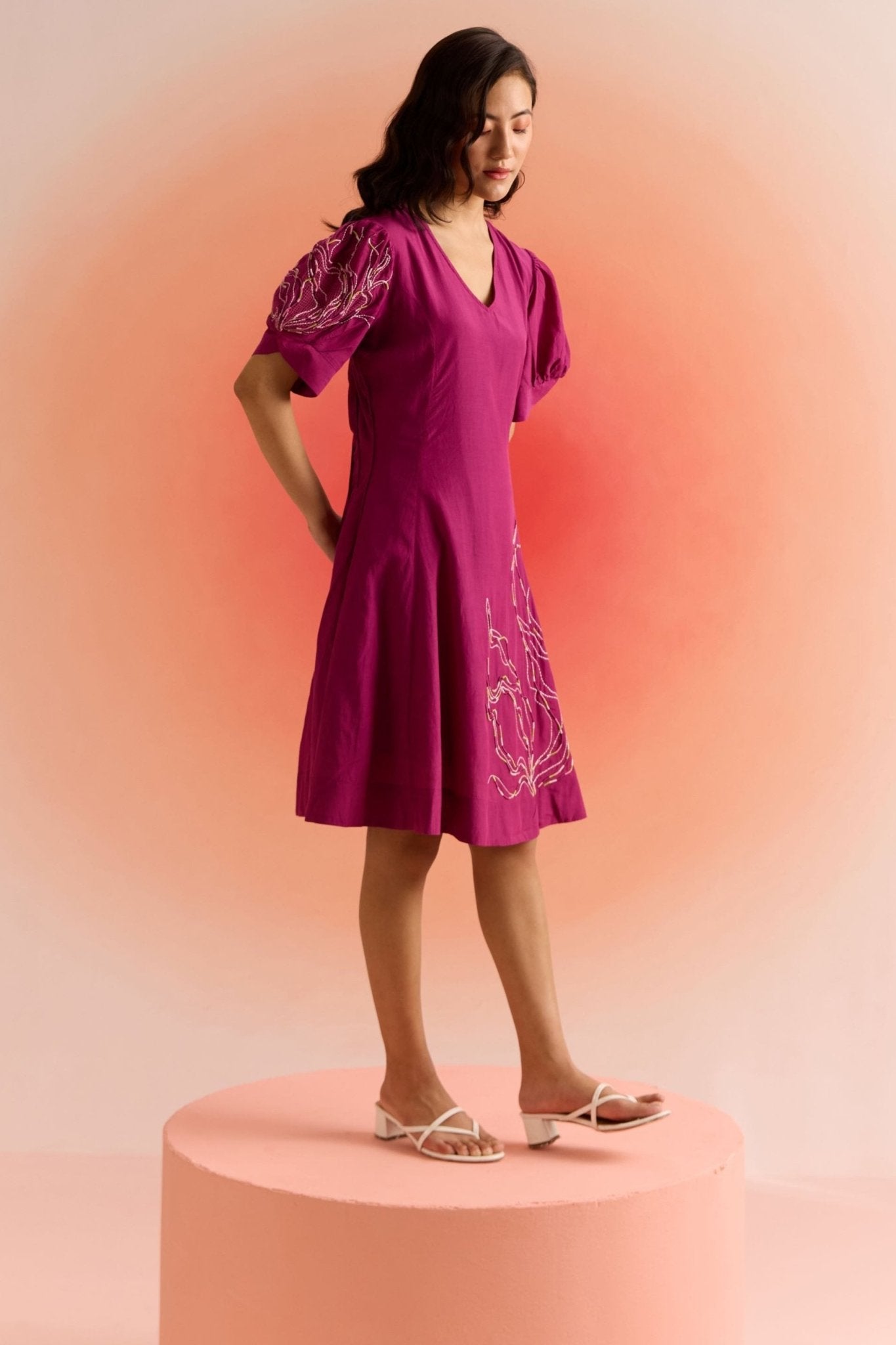 Wine Dress with Puff Mesh Embroidered Sleeves and Dori Embroidery on Front - Western Era Dresses for women