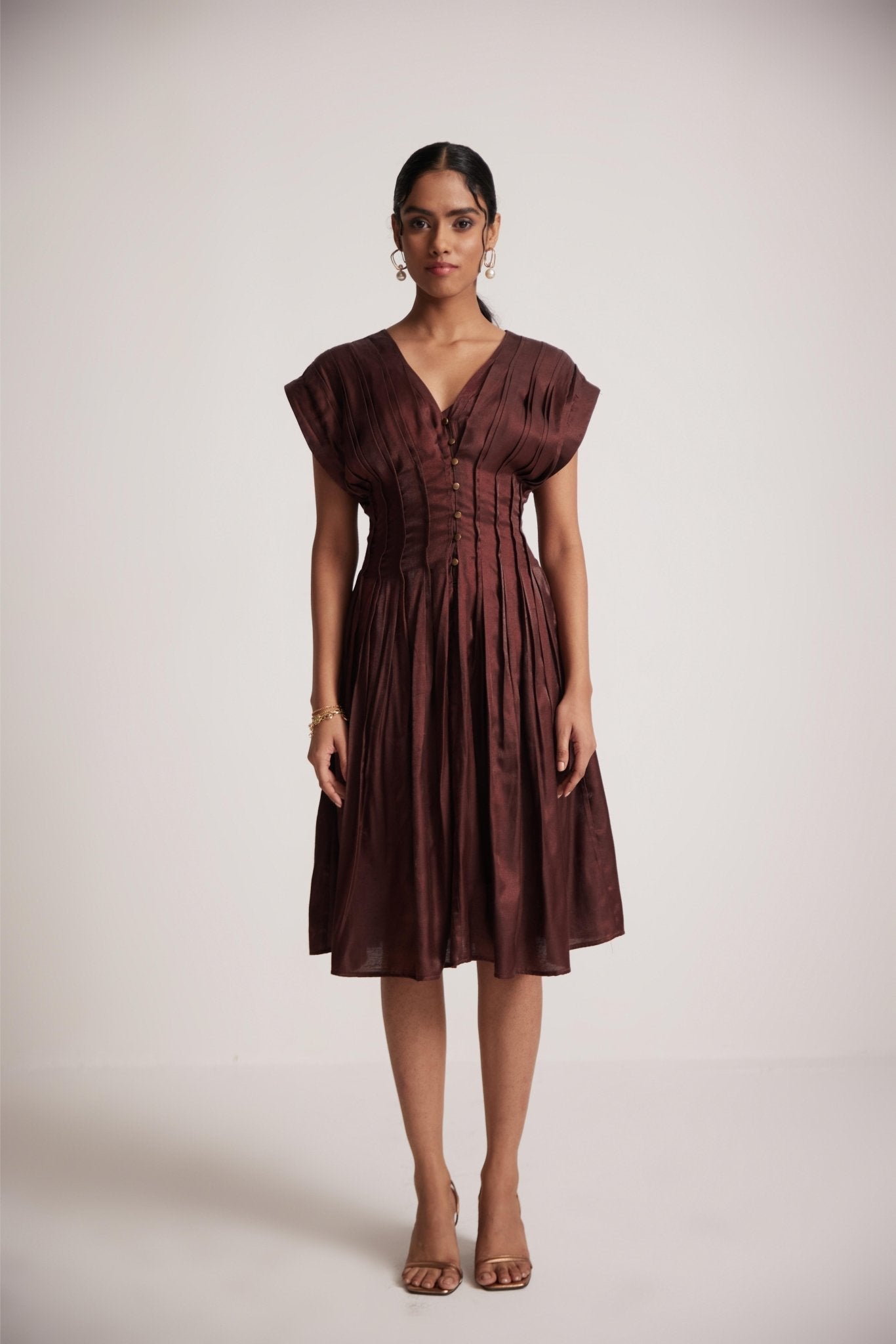 Wine Red Event Wear V- Neck Dress With Front Pin Tucks| Western Era Wine Red Event Wear V- Neck Dress With Front Pin Tucks| Western Era