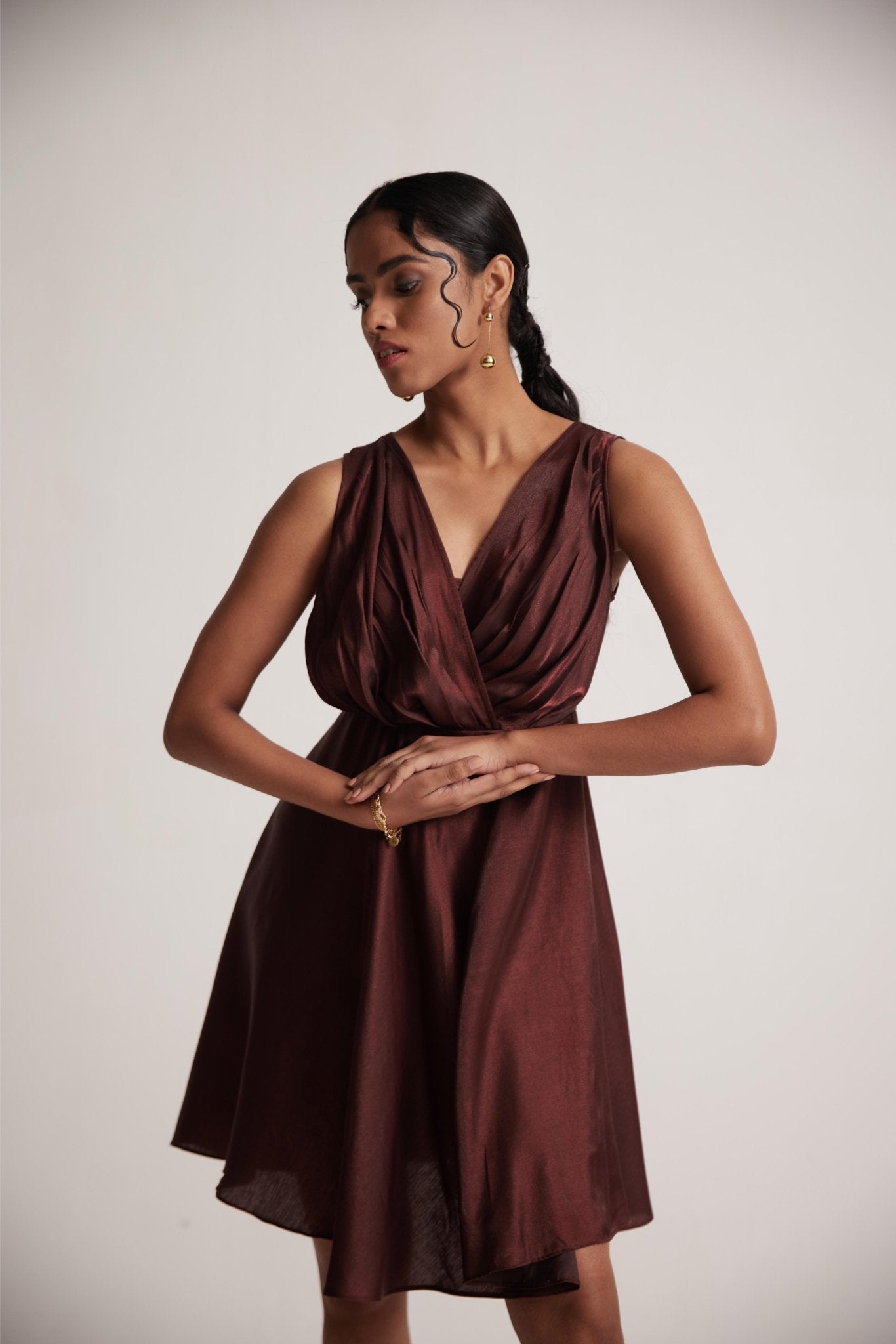 Wine Red Party Wear Dress With Front Pleats - Western Era Dresses for women