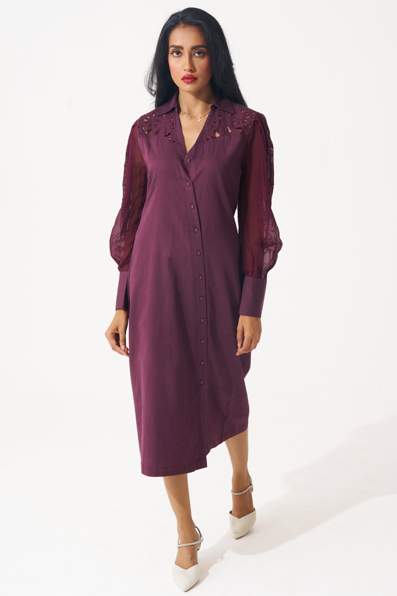 Wine Shirt Dress with Shimmering Embroidered Sleeves - Western Era for women