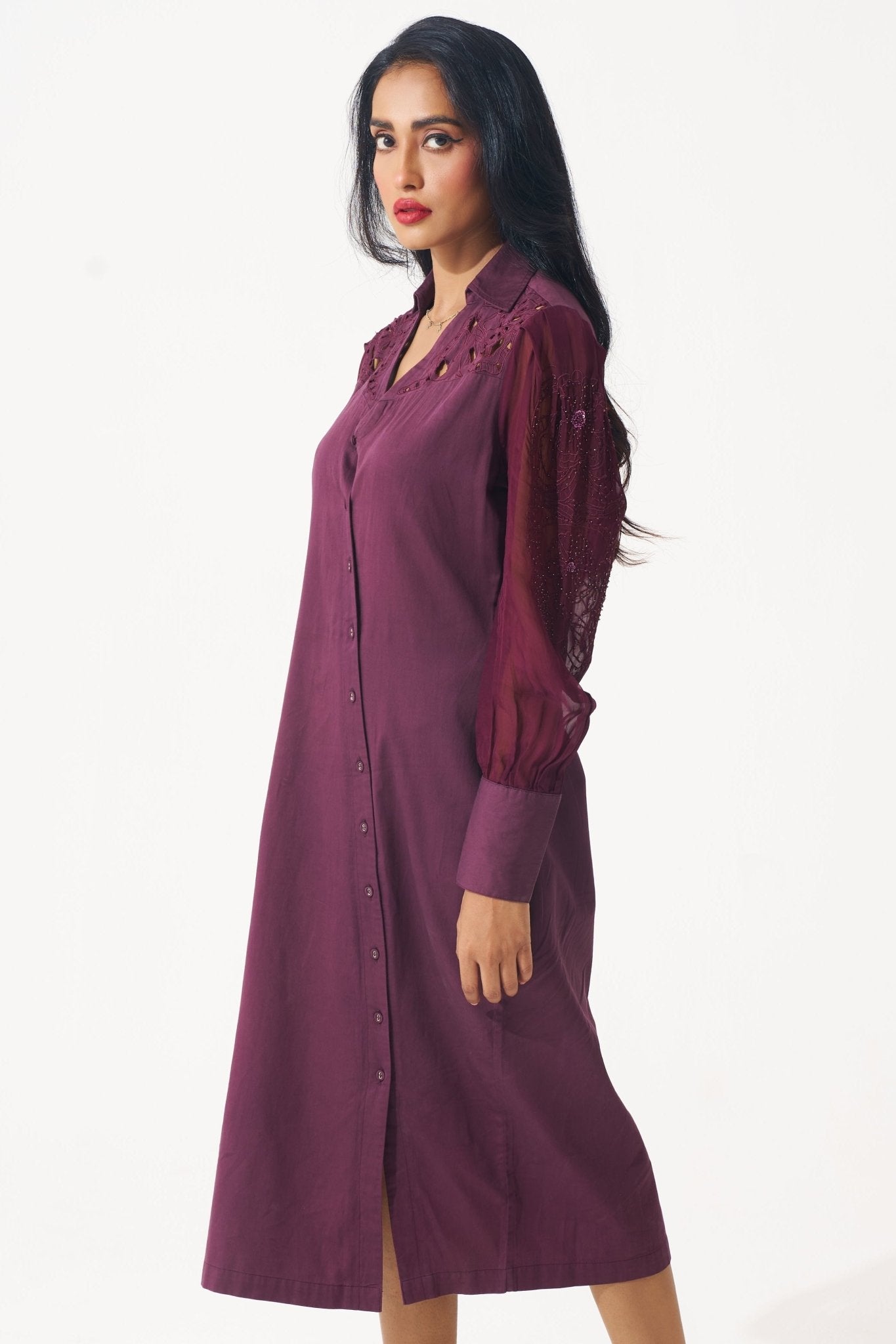 Wine Shirt Dress with Shimmering Embroidered Sleeves - Western Era for women