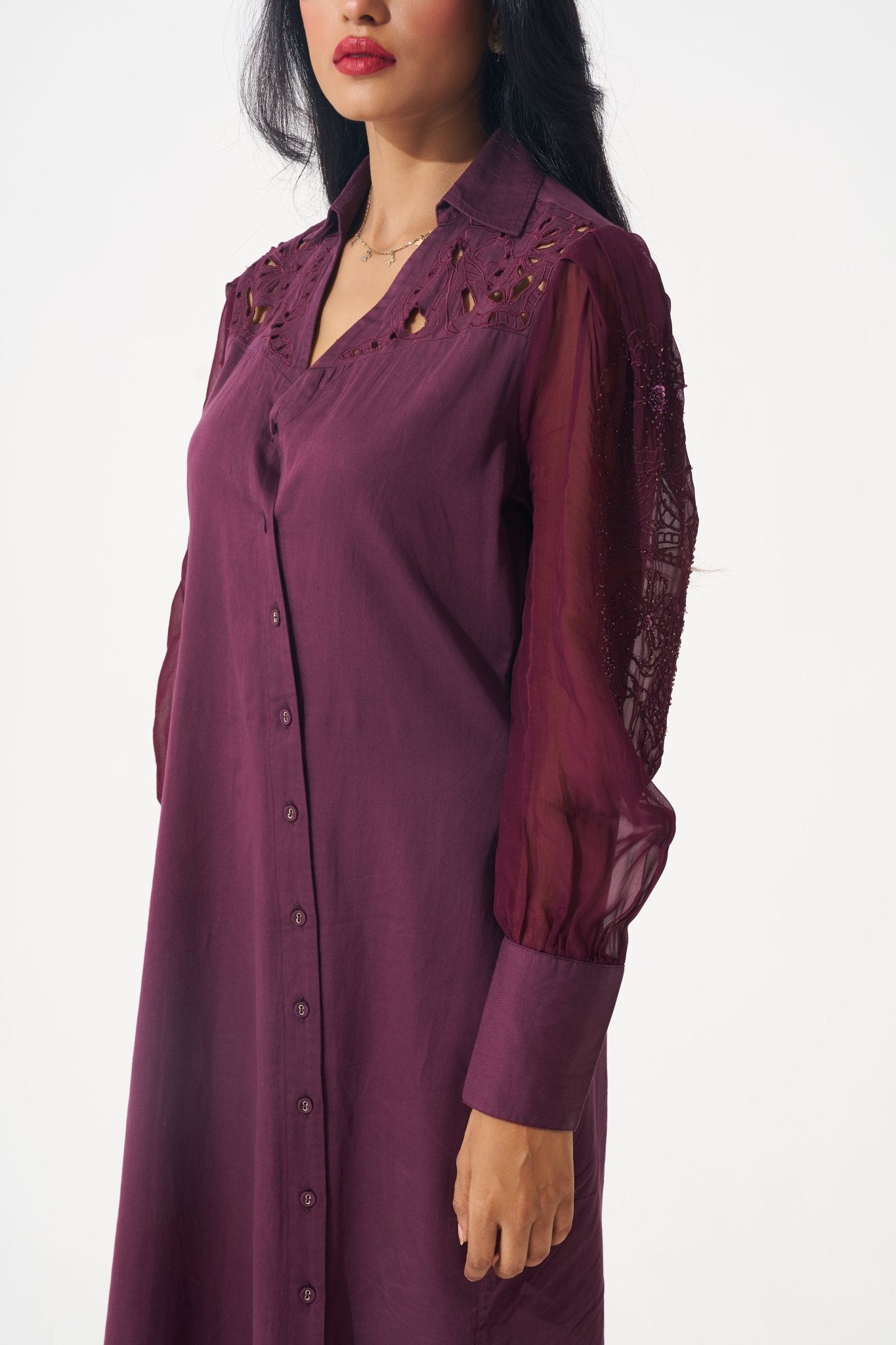Wine Shirt Dress with Shimmering Embroidered Sleeves - Western Era for women