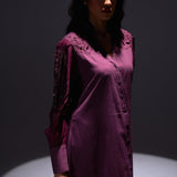 Wine Shirt Dress with Shimmering Embroidered Sleeves - Western Era for women