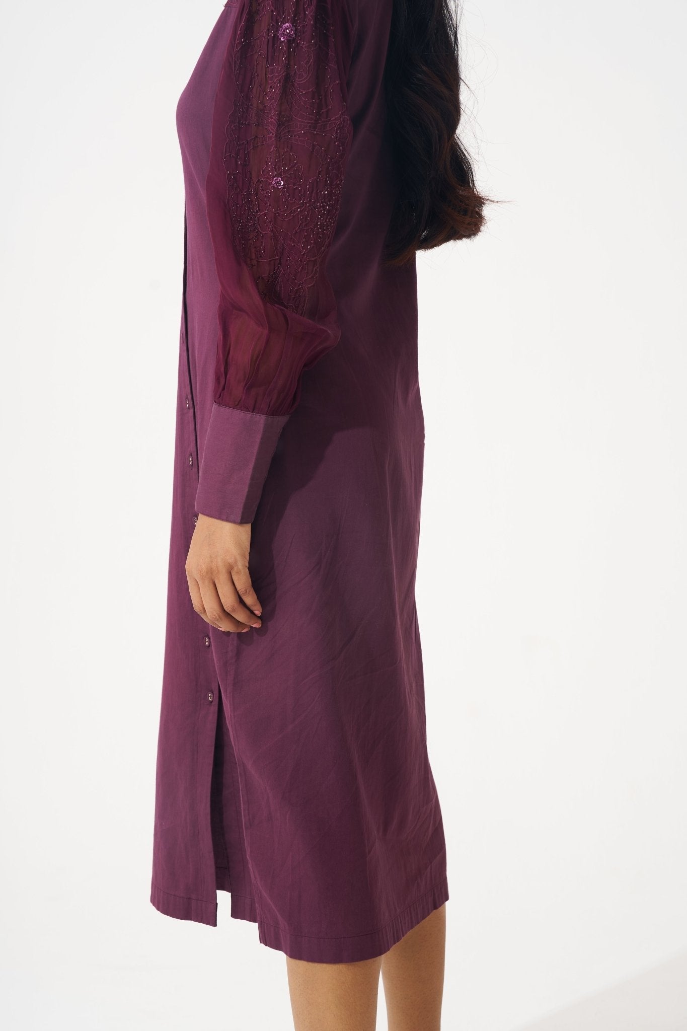 Wine Shirt Dress with Shimmering Embroidered Sleeves - Western Era for women