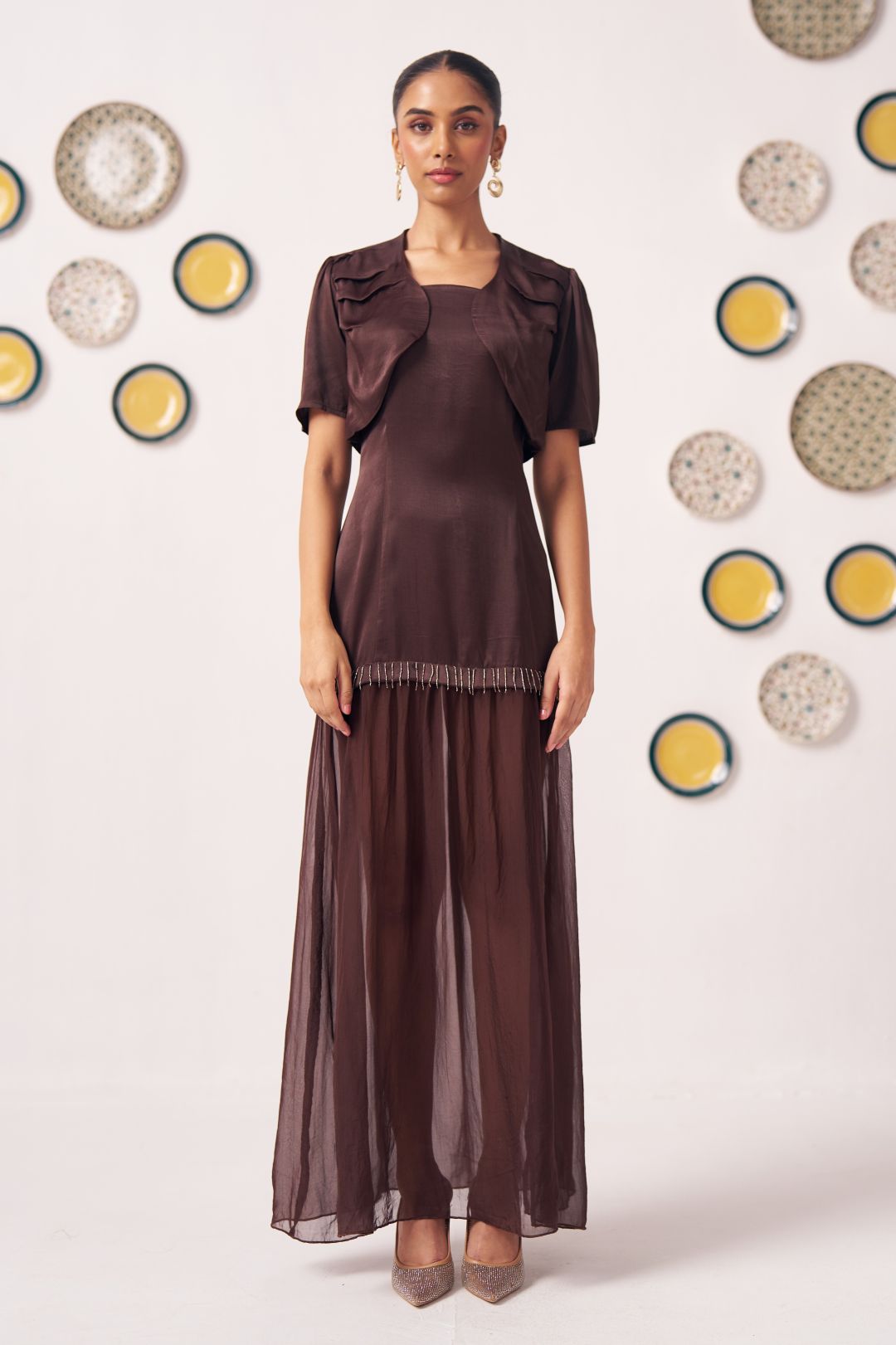 Zaya Chocolate Brown Layered Maxi Dress with Shrug Western Era Zaya Chocolate Brown Layered Maxi Dress with Shrug Western Era