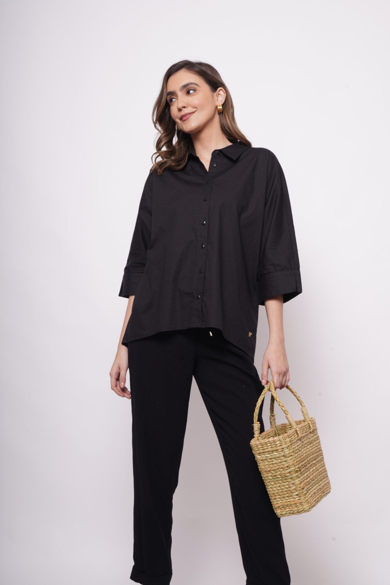 Oversized high-low black shirt for women styled for office wear - Western Era