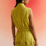 3 Piece Set with Sleeveless Bottom Embroidered Jacket Pleated Bustier and Trouser - Western Era Cordset for women