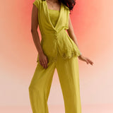 3 Piece Set with Sleeveless Bottom Embroidered Jacket Pleated Bustier and Trouser - Western Era Cordset for women