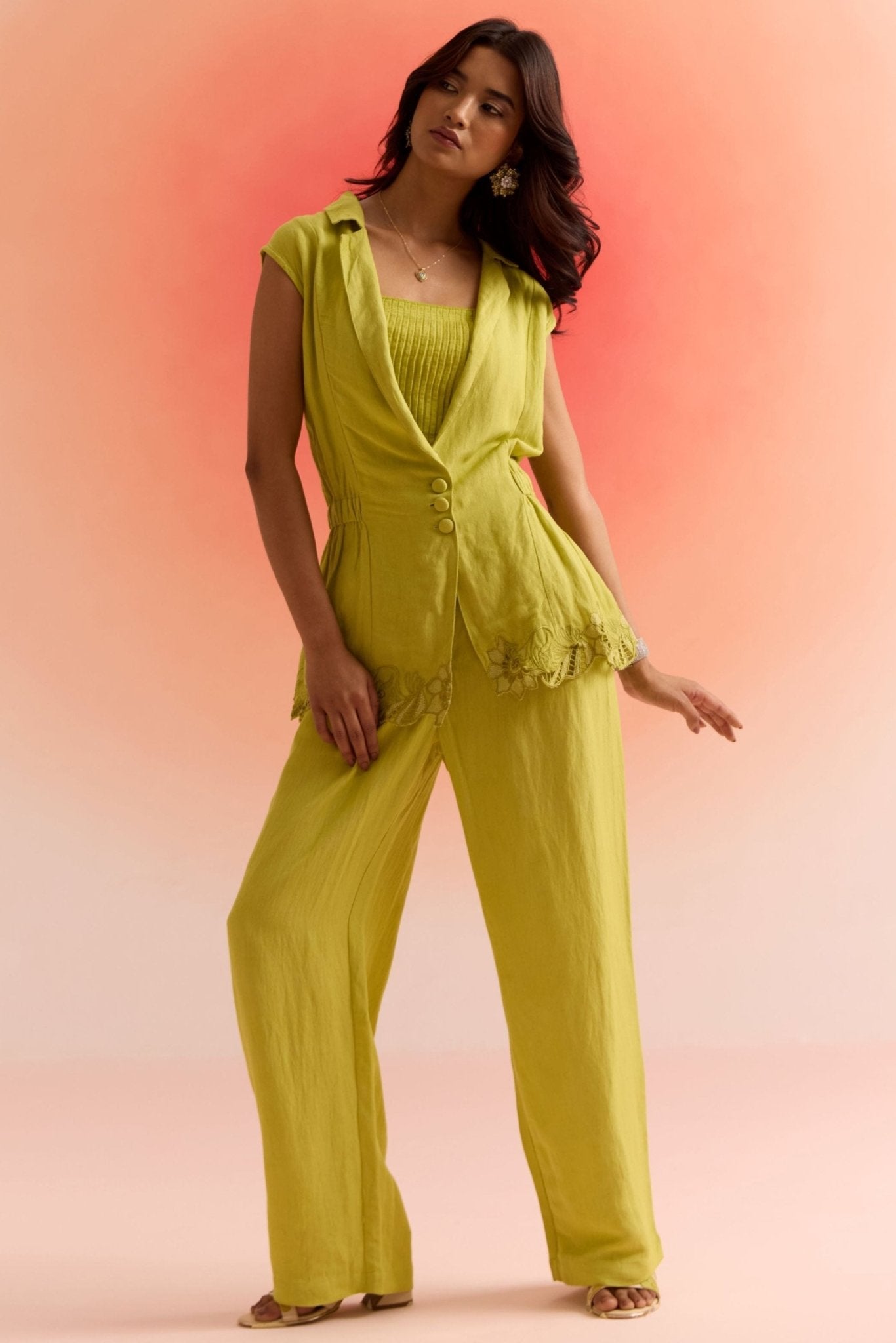 3 Piece Set with Sleeveless Bottom Embroidered Jacket Pleated Bustier and Trouser - Western Era Cordset for women