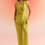 3 Piece Set with Sleeveless Bottom Embroidered Jacket Pleated Bustier and Trouser - Western Era Cordset for women