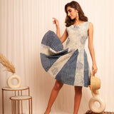 Sleeveless Blue Shibori Print Flare Dress - Western Era  Dresses