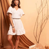 V-Neck White Cotton Dress With Flounce Sleeves - Western Era  Dresses