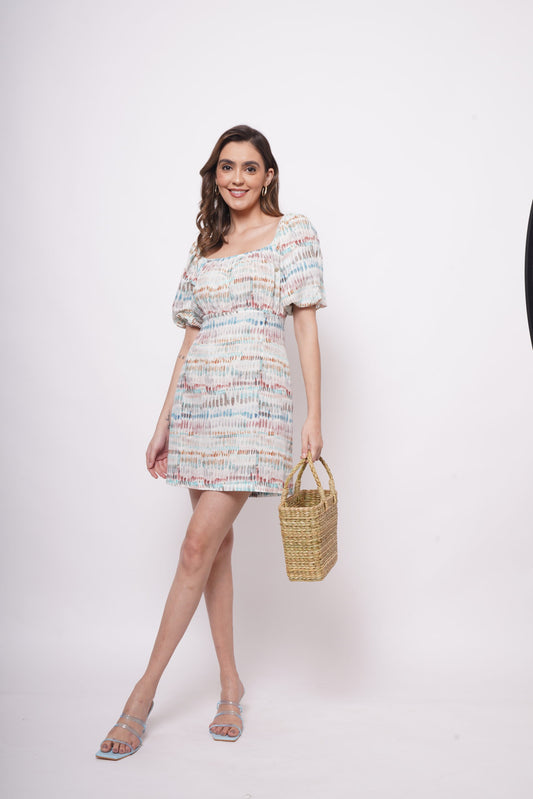 Beach Wear Multicolor Linen Print Short Dress - Western Era  Dresses