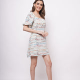 Beach Wear Multicolor Linen Print Short Dress - Western Era  Dresses