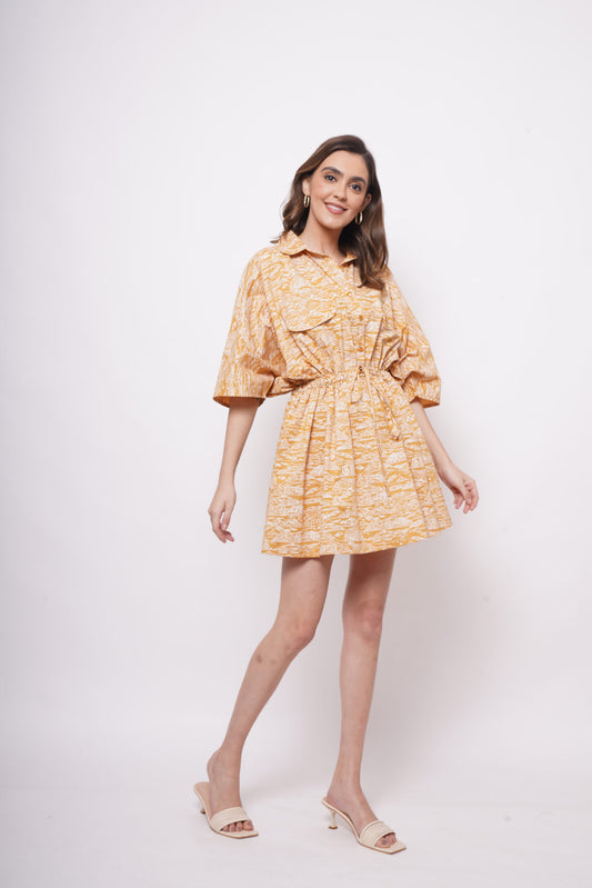 Oversized Yellow Toile Print Cotton Dress With Drawstrings - Western Era  Dresses